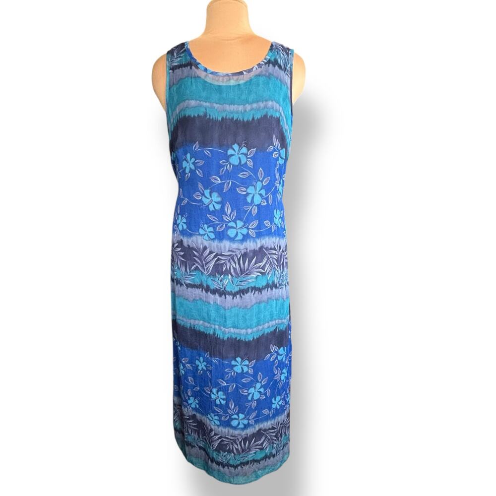 90s Blue Floral Sleeveless Tropical Maxi Dress XL Sheer Boho Romantic Fairy